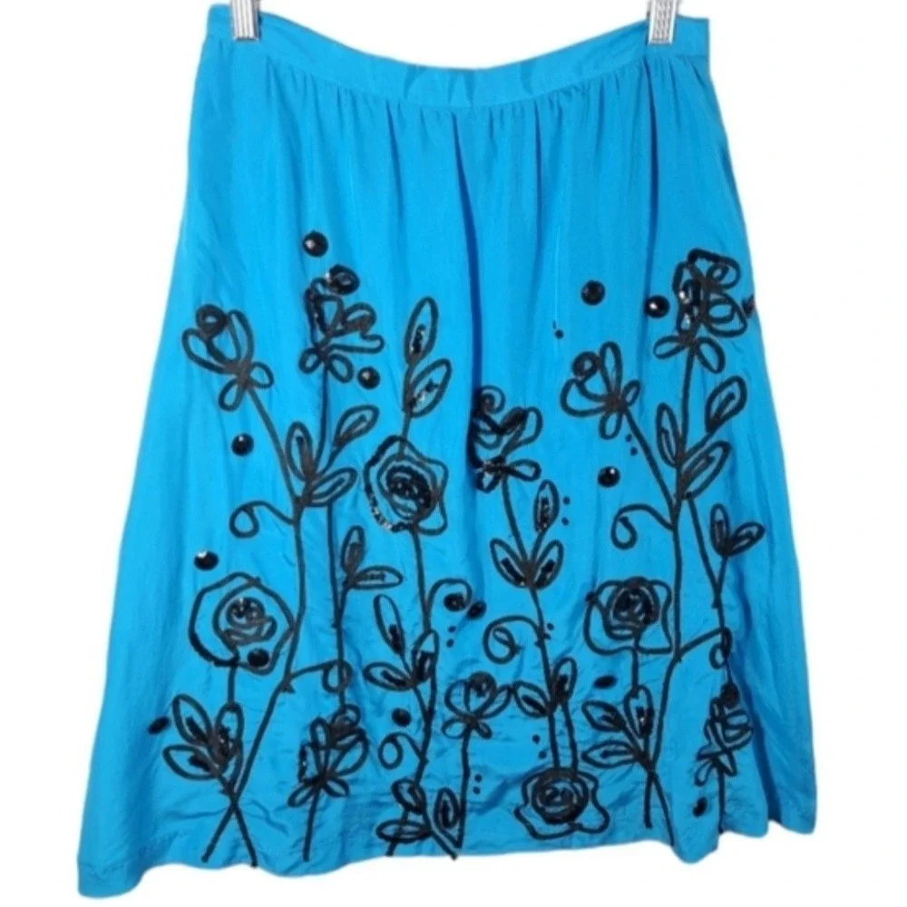 WD-NY A-Line Skirt Size 6 Lagoon Blue & Black 100% Silk Embroidered Floral Print